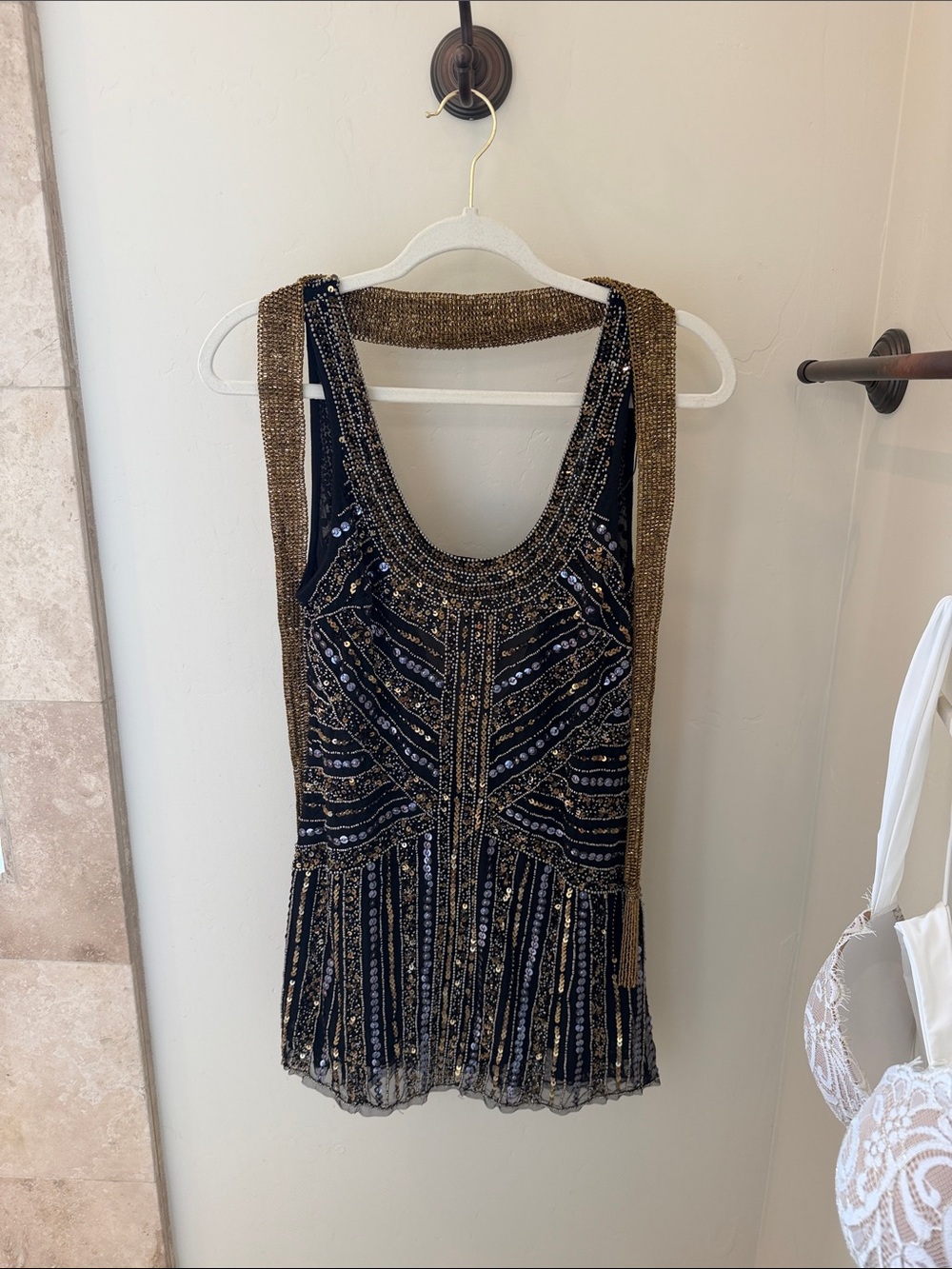 Zara Navy and Gold Beaded Mini Dress with Scarf. Added scarf to accessorize.